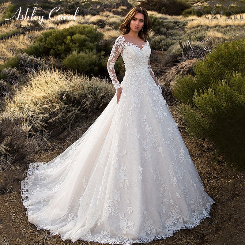 Ashley Carol Appliques V-neck Tulle Wedding Dresses Long Sleeve Court Train Bridal Dress Backless Wedding Gowns Vestido De Noiva