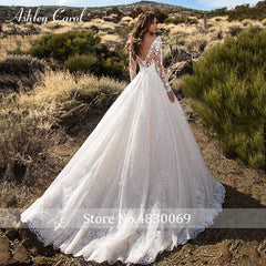 Ashley Carol Appliques V-neck Tulle Wedding Dresses Long Sleeve Court Train Bridal Dress Backless Wedding Gowns Vestido De Noiva