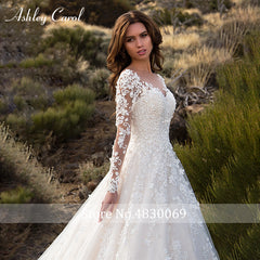 Ashley Carol Appliques V-neck Tulle Wedding Dresses Long Sleeve Court Train Bridal Dress Backless Wedding Gowns Vestido De Noiva