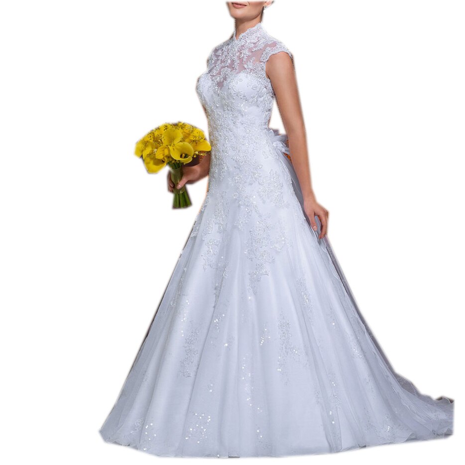 Bridal Gown For Women Short Sleeves High Court Train Floor-Length Ball Gown Custom-Made Illusion Wedding Dress Party 2019