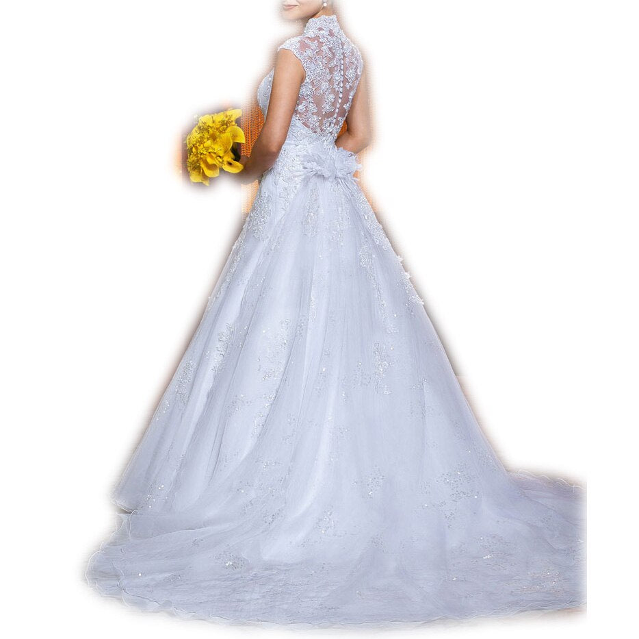Bridal Gown For Women Short Sleeves High Court Train Floor-Length Ball Gown Custom-Made Illusion Wedding Dress Party 2019