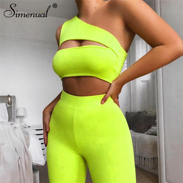 Simenual Neon Color Women Two Piece Set One Shoulder Casual Tracksuits Cut Out Crop Top And Biker Shorts Sets Sporty Active Wear