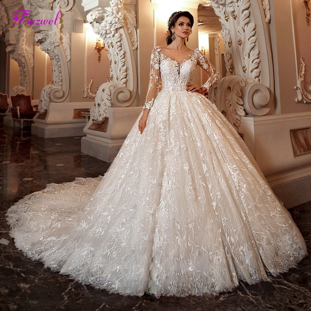Fsuzwel Gorgeous Appliques Chapel Train Lace Ball Gown Wedding Dress 2019 Sexy Scoop Neck Long Sleeve Beaded Princess Bride Gown