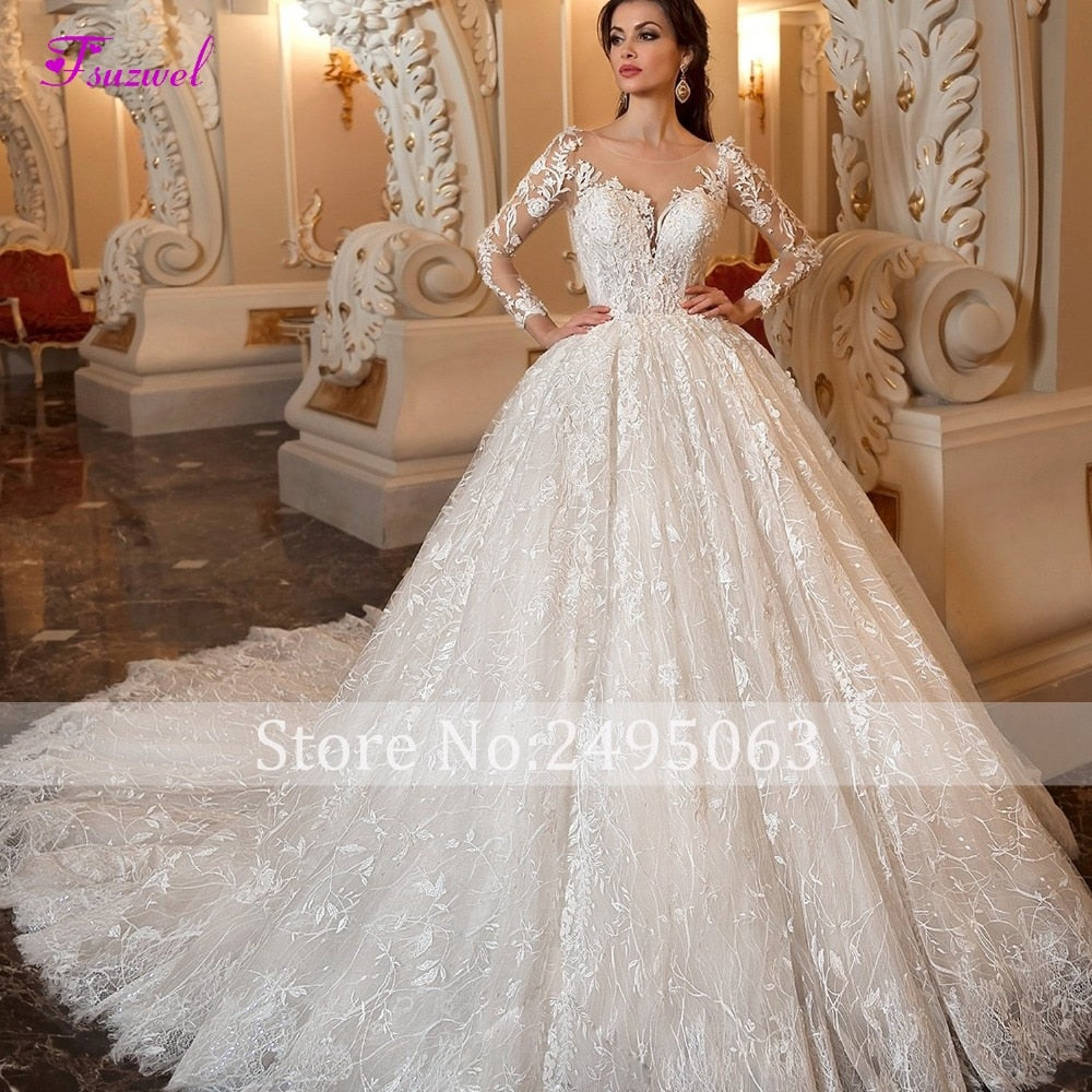 Fsuzwel Gorgeous Appliques Chapel Train Lace Ball Gown Wedding Dress 2019 Sexy Scoop Neck Long Sleeve Beaded Princess Bride Gown
