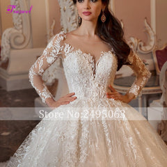 Fsuzwel Gorgeous Appliques Chapel Train Lace Ball Gown Wedding Dress 2019 Sexy Scoop Neck Long Sleeve Beaded Princess Bride Gown