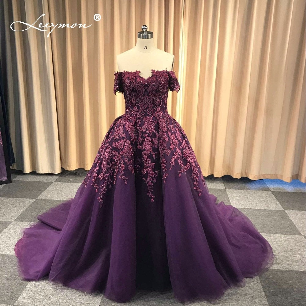 Leeymon Elegant Lace Off Shoulder Prom Dress Red Crystal Evening Dress 2019 Ball Gown Party Dress for Wedding LY1161