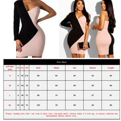 Retro Tunic OL Women Sexy One Shoulder Long Sleeve V Neck Patchwork Evening Party Short Mini Dress
