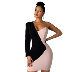 Retro Tunic OL Women Sexy One Shoulder Long Sleeve V Neck Patchwork Evening Party Short Mini Dress
