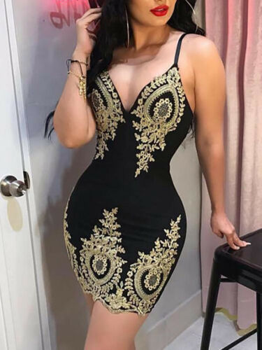 2019 New Womens Slim Print Fashion Sling Spaghetti Bodycon Lace Strappy Ladies Evening Party  Mini Short Dress Size S-XL V Neck